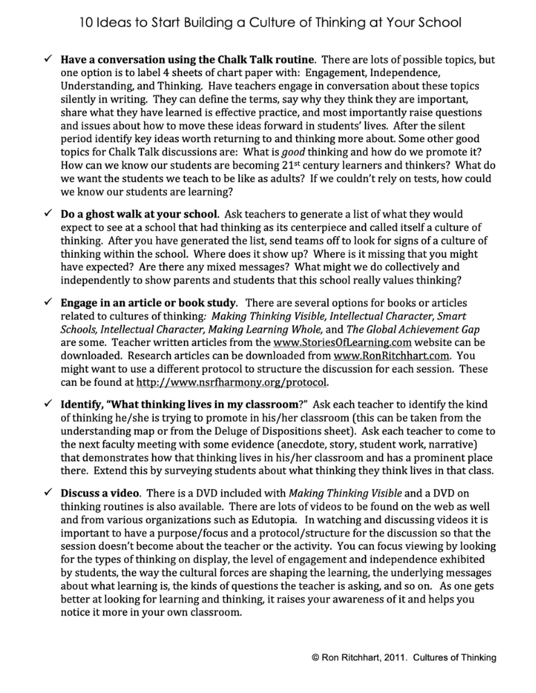 10 Ideas to Start Building a Culture of Thinking at Your School