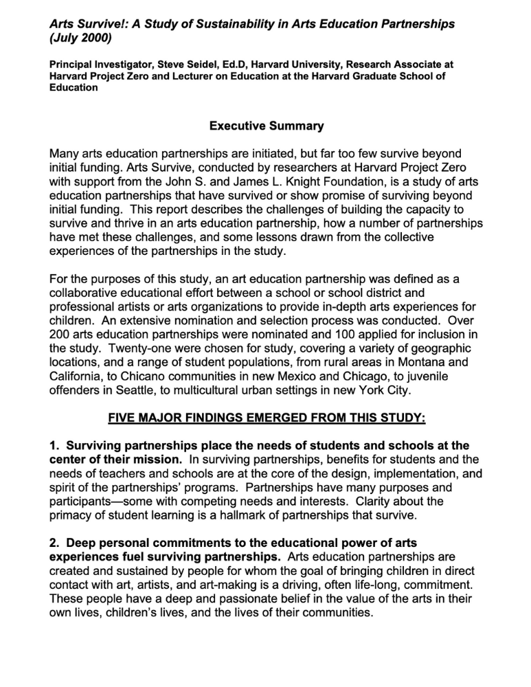 ARTS SURVIVE_ A Study of Sustainability in Arts Education Partnerships