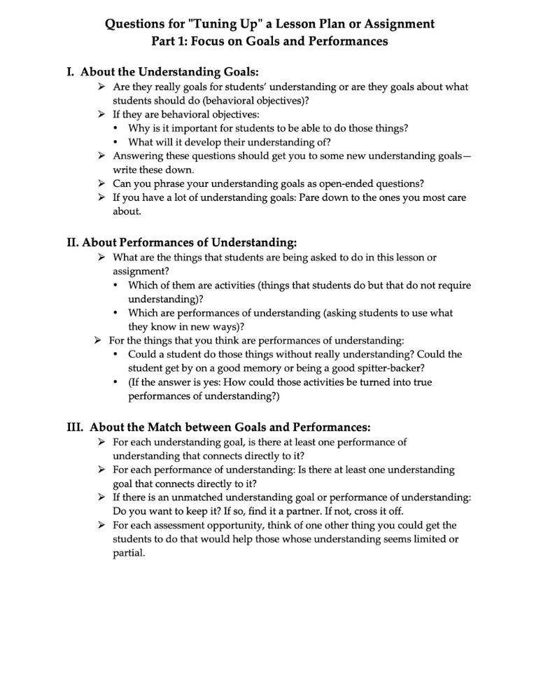 Questions for Tuning Up a Lesson Plan