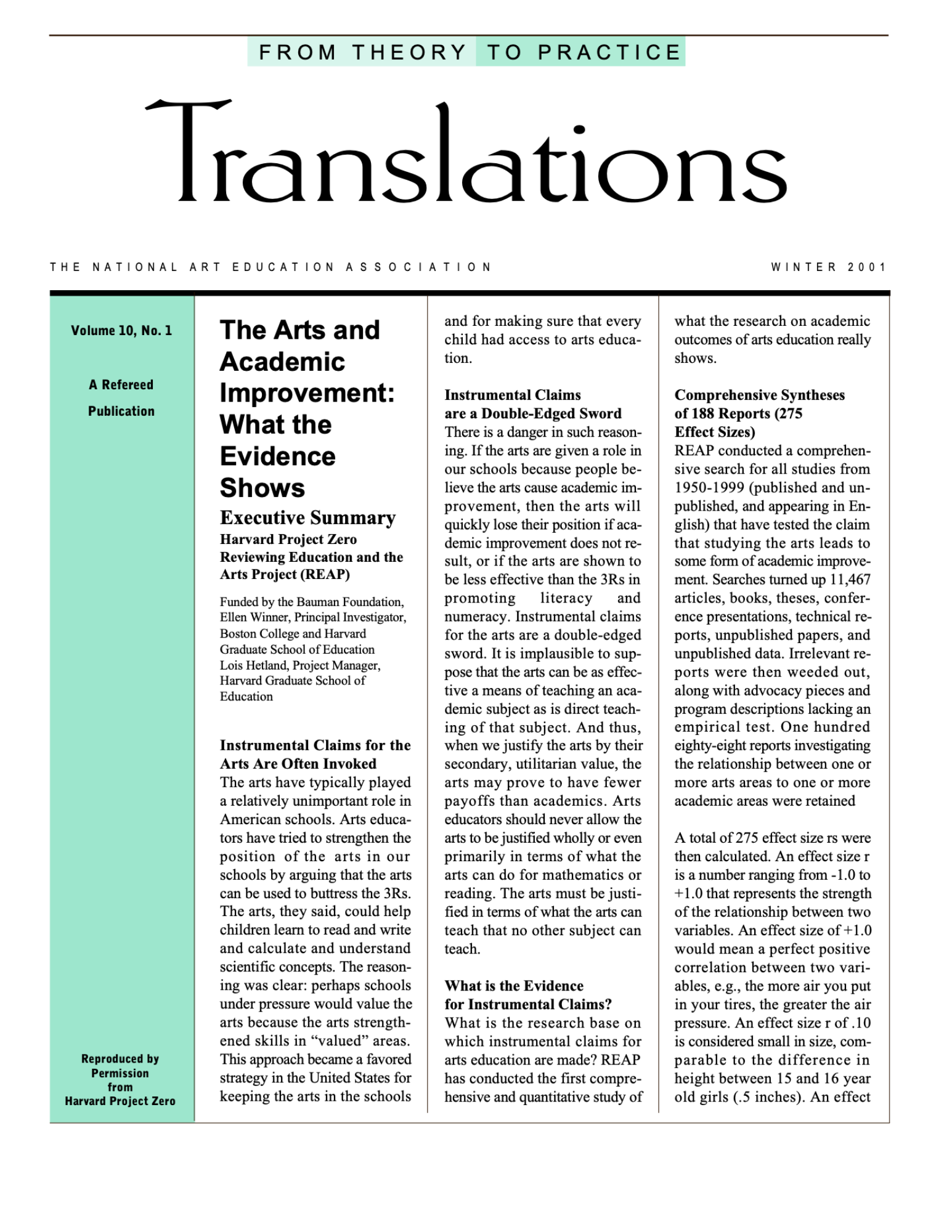 Reviewing Education and the Arts Project