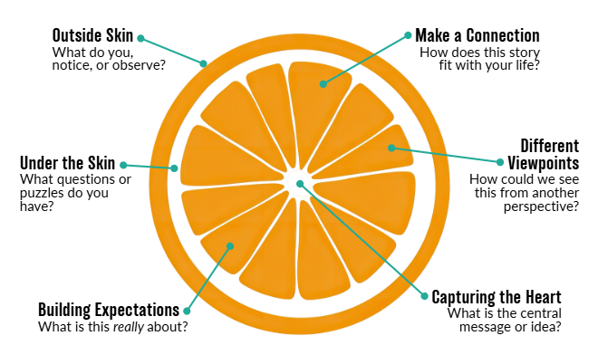 A map of an orange slice with question prompts