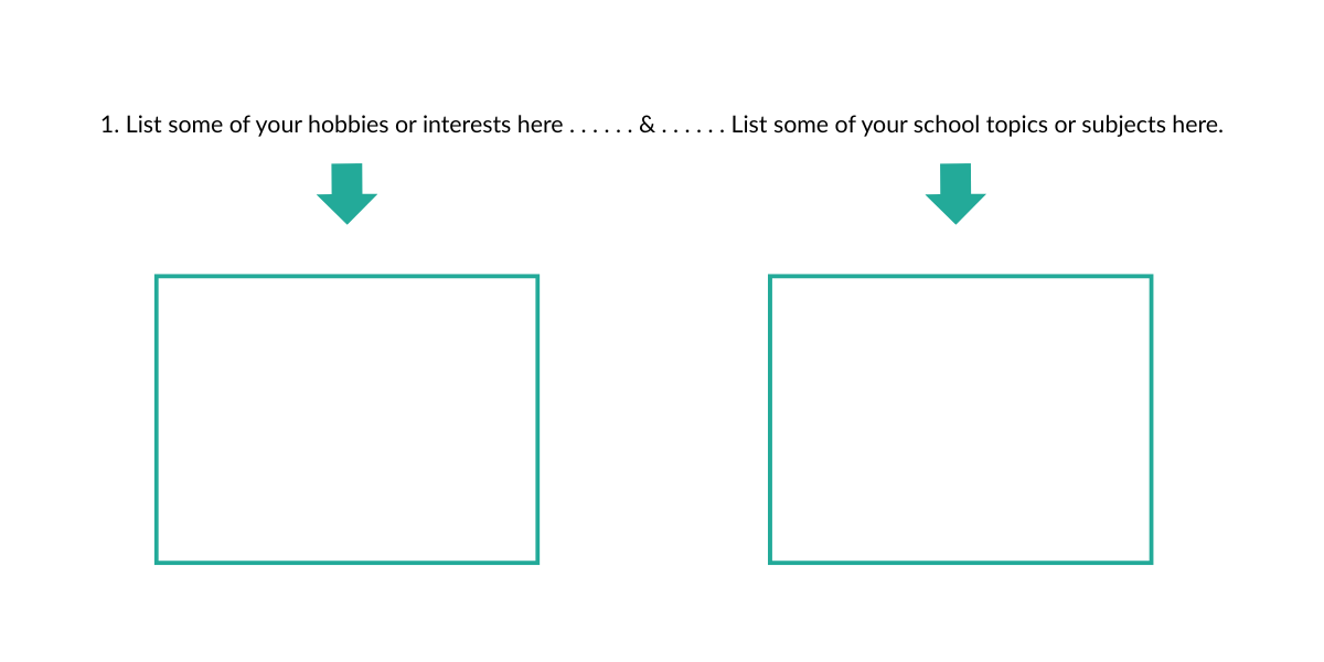 1. List some of your hobbies or interests here . . . . . . & . . . . . . List some of your school topics or subjects here.