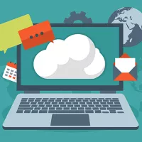 A laptop shows chat boxes and a globe