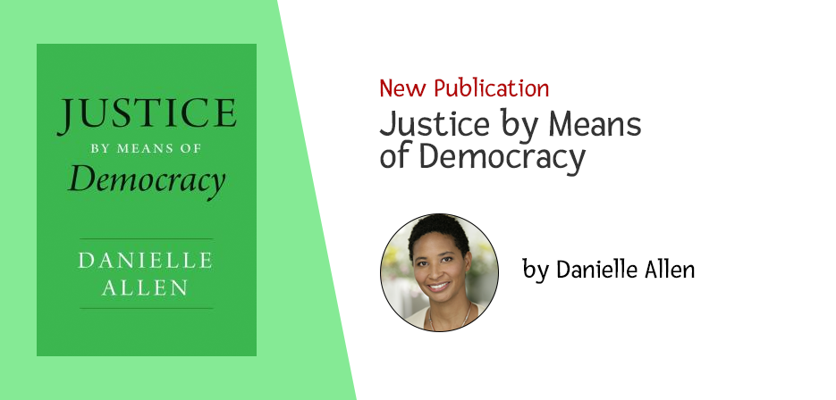 Justice by means of Democracy book cover. White text on a green background.