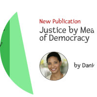 Justice by means of Democracy book cover. White text on a green background.